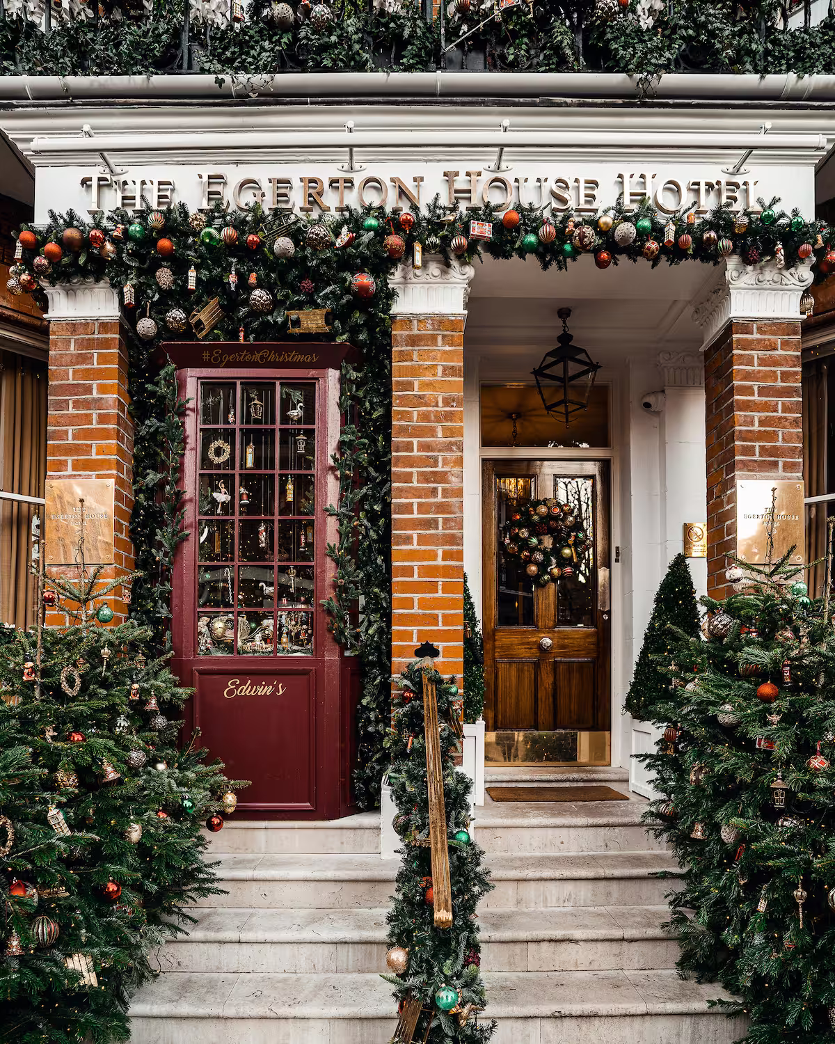 Hotel entrance decorated for the festive holiday season