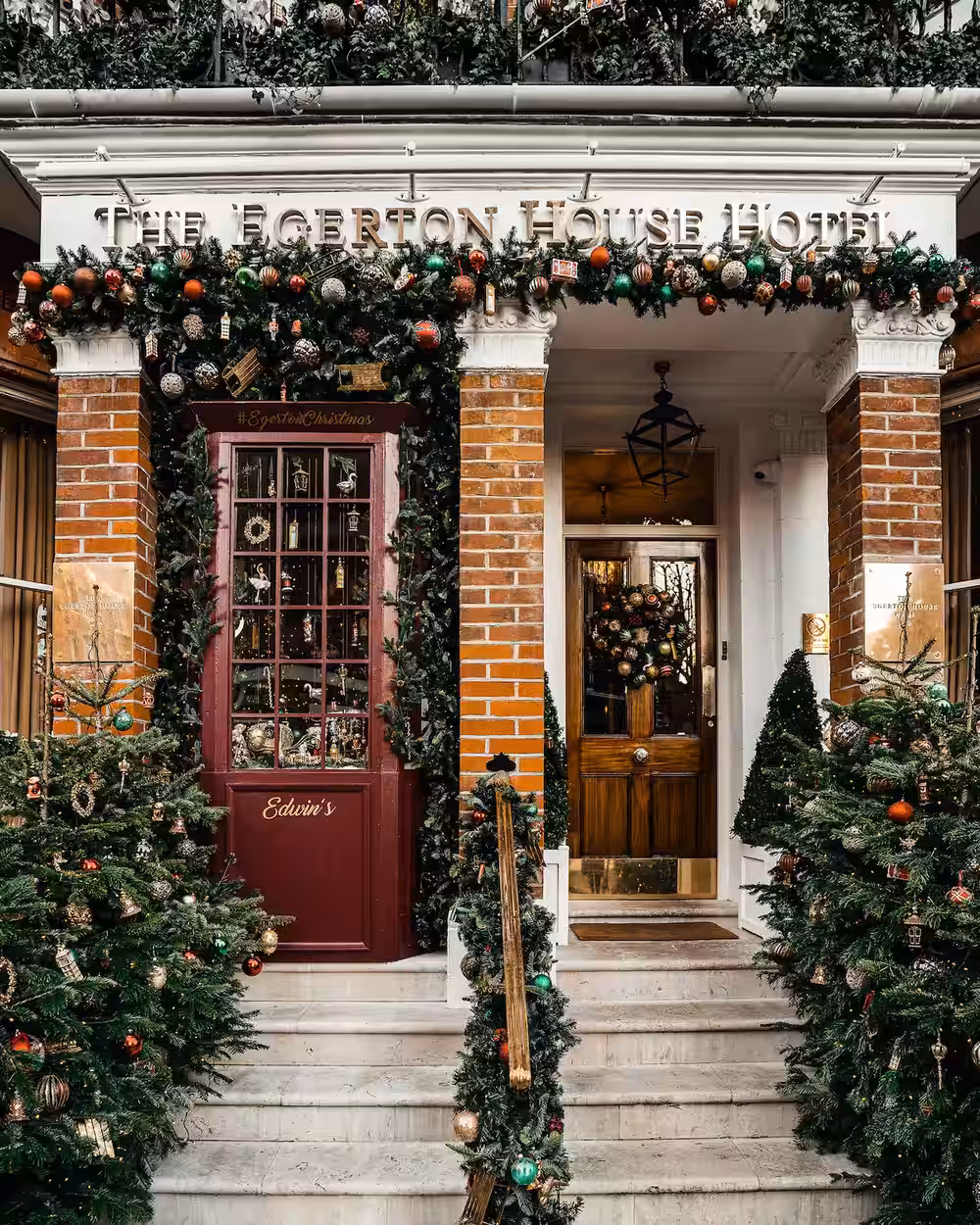 Hotel entrance decorated for the festive holiday season