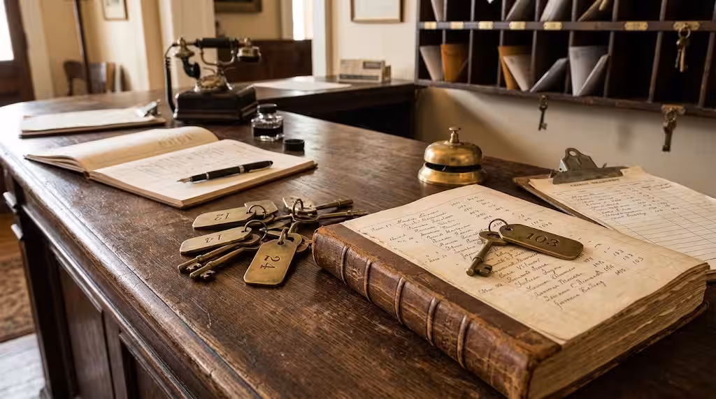 Brass room keys and a handwritten guest ledger on an antique hotel front desk
