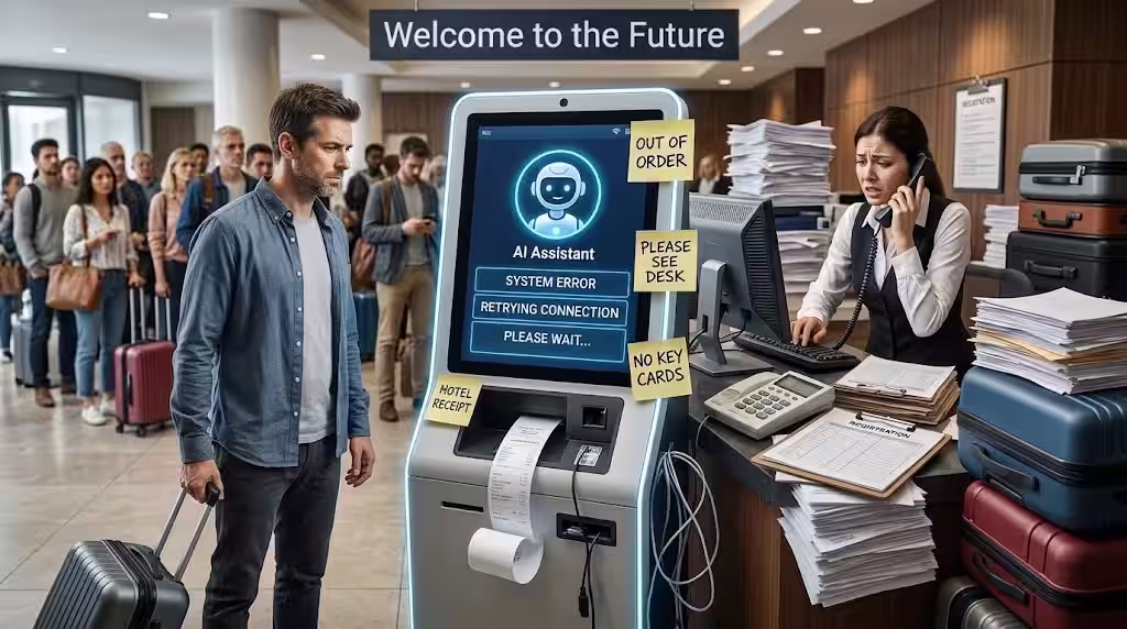 A frustrated guest at a broken AI check-in kiosk under a Welcome to the Future banner, while a stressed front desk agent works through piles of paperwork