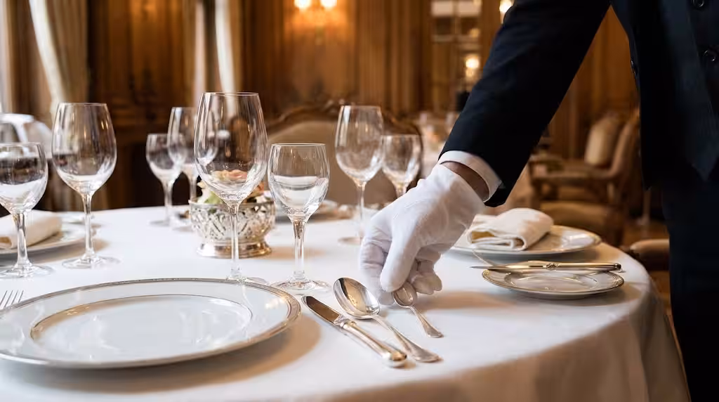 White-gloved server setting silverware at a formal dining table