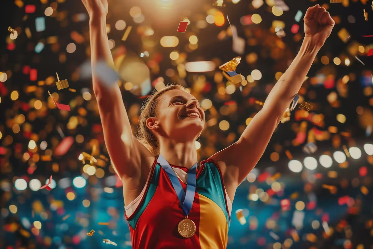 A person with a gold medal surrounded by confetti