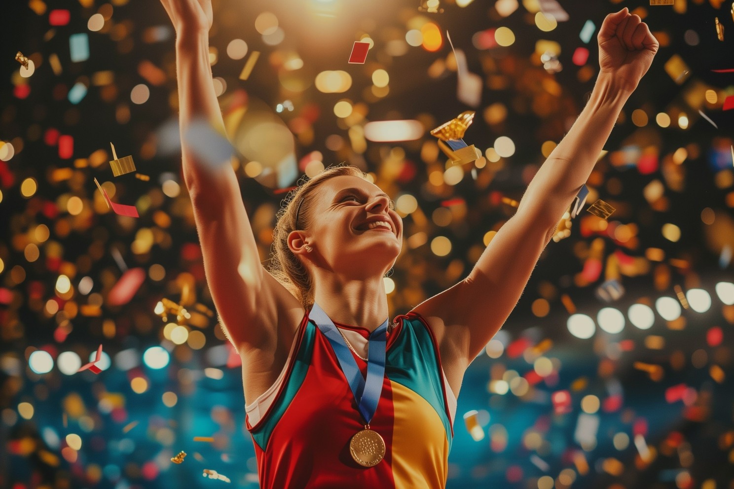 A person with a gold medal surrounded by confetti