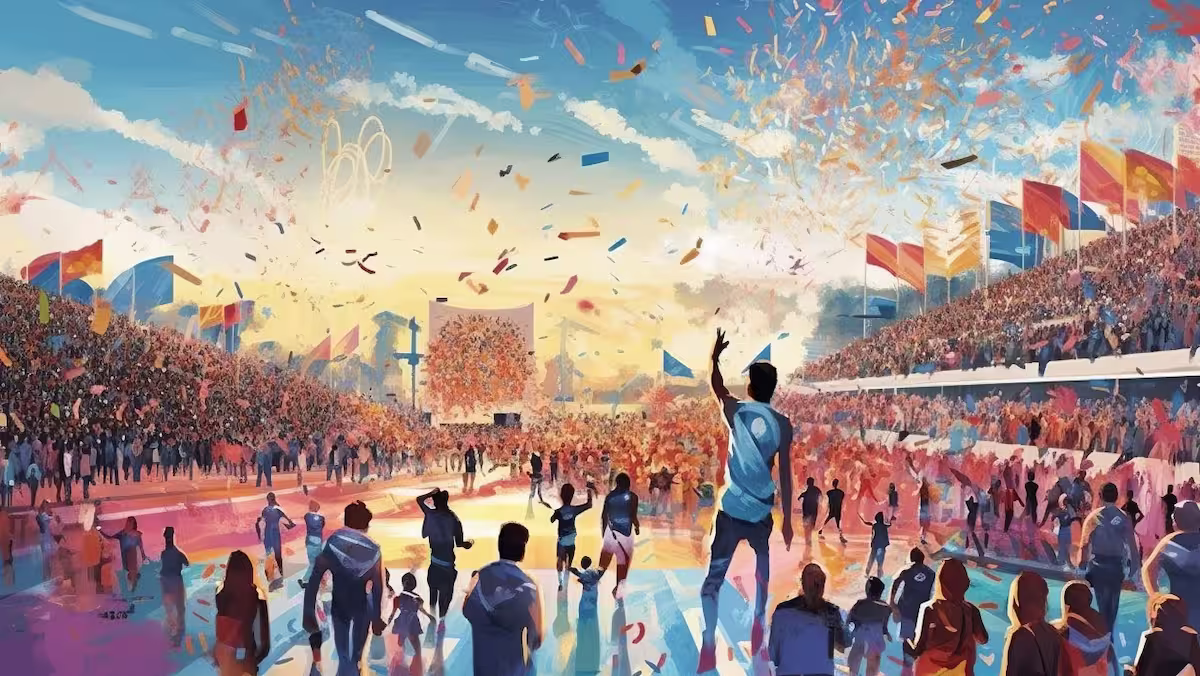 Olympic athletes celebrating a podium win together